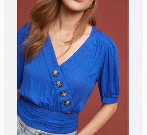 Anthropologie Maeve Madelyn Button Faux Wrap Top Royal Blue Size 00P 00 Petite